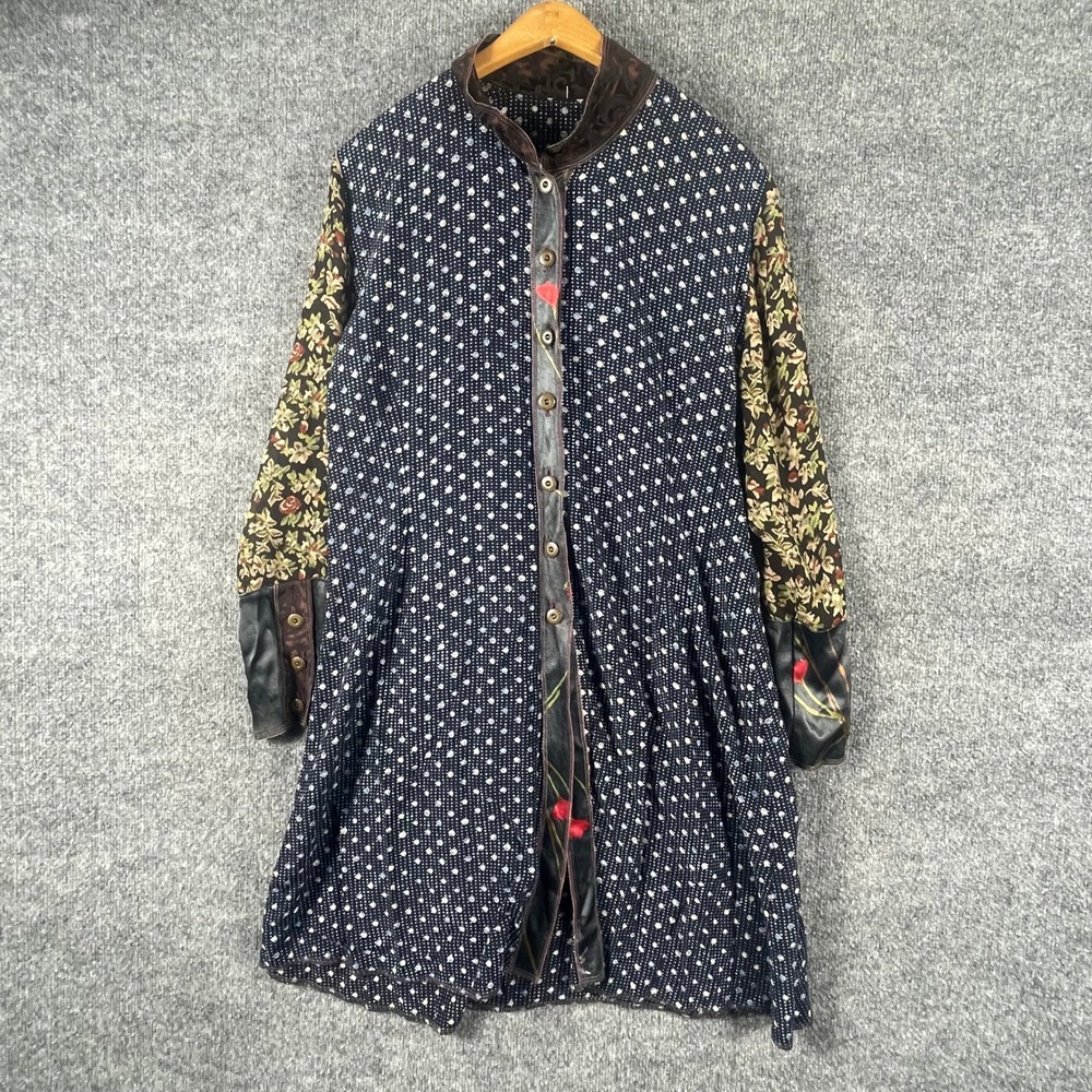 Vintage Nothing Matches Shirt Dress Womens 2 Blue Mixed Media Polka Dot Floral